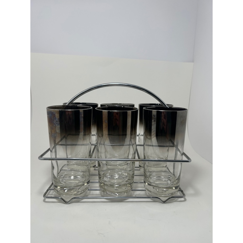 Vintage Mid Century Silver Ombre Highball Glasses Set of 6 with Chrome Caddy